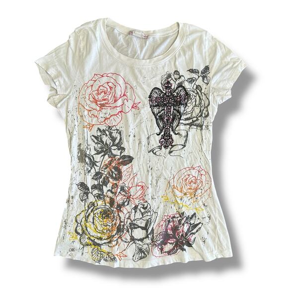 Y2K Graphic Rose Cross Tee Appropriate Behavior White Distressed Glitter S/M - Picture 1 of 8